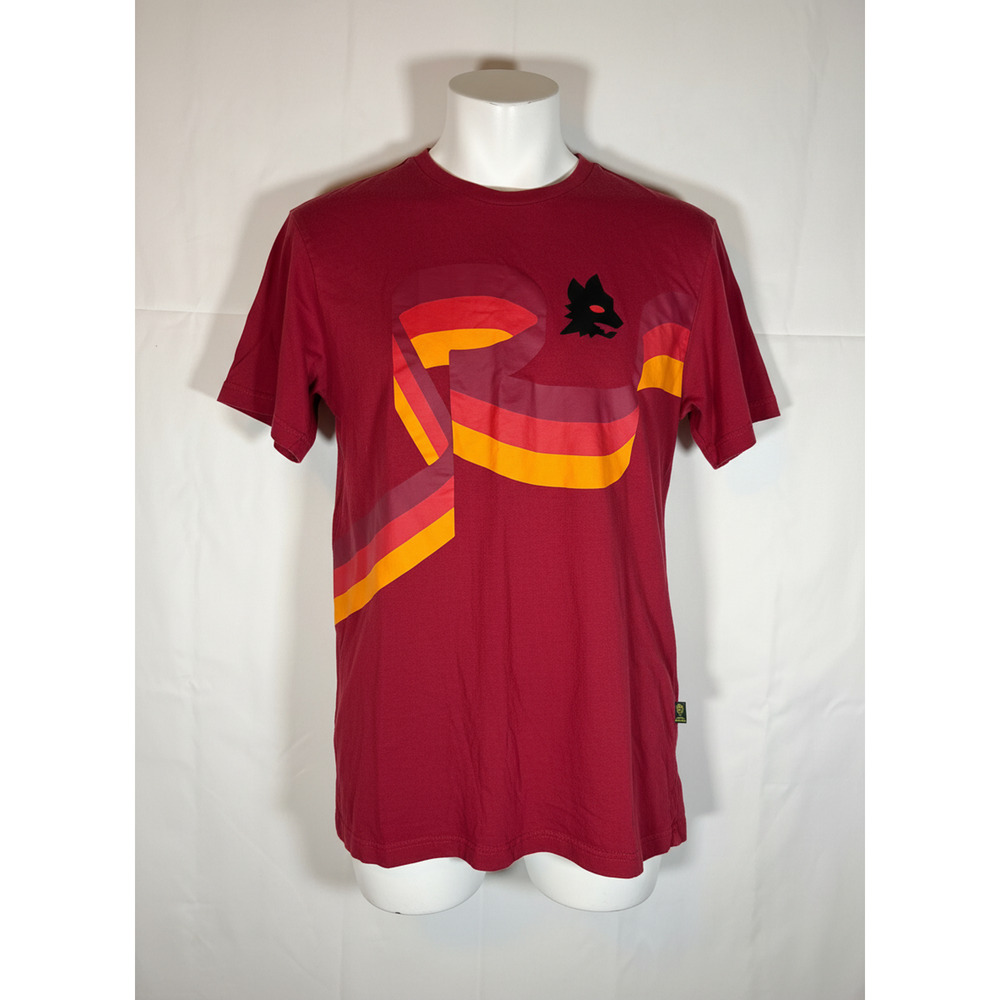 AS Roma Official Product Mens L T-Shirt Retro Rainbow Stripe Lupetto Wolf Logo